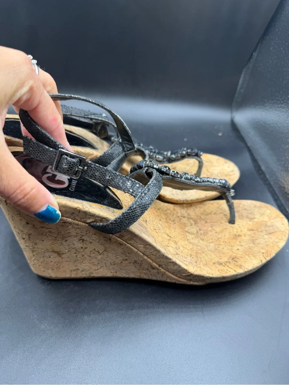 Gianni Bini Black Beaded Cork Wedge Sandals